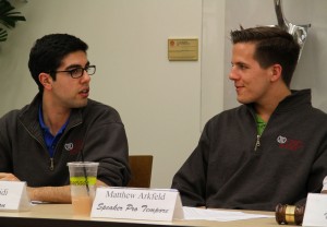 Deliberation · Undergraduate Student Government Parlimentarian Justin Farshidi and Speaker Pro Tempore Matthew Arkfeld deliberate the addition of the Green Student Assembly to Program Board on Tuesday night. - Austin Vogel | Daily Trojan 