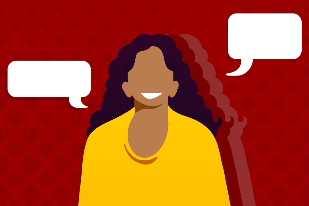 Art of writer's silhouette with a red background and two text bubbles next to her
