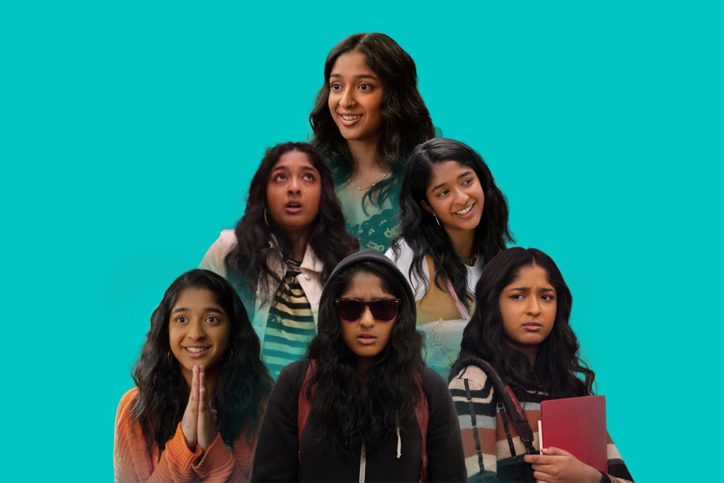 6 photos of Never Have I Ever main protagonist Devi Vishwakumar with a teal background