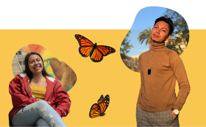 Collage of two undocumented Trojan students who were interviewed, with two butterflies that represent migration