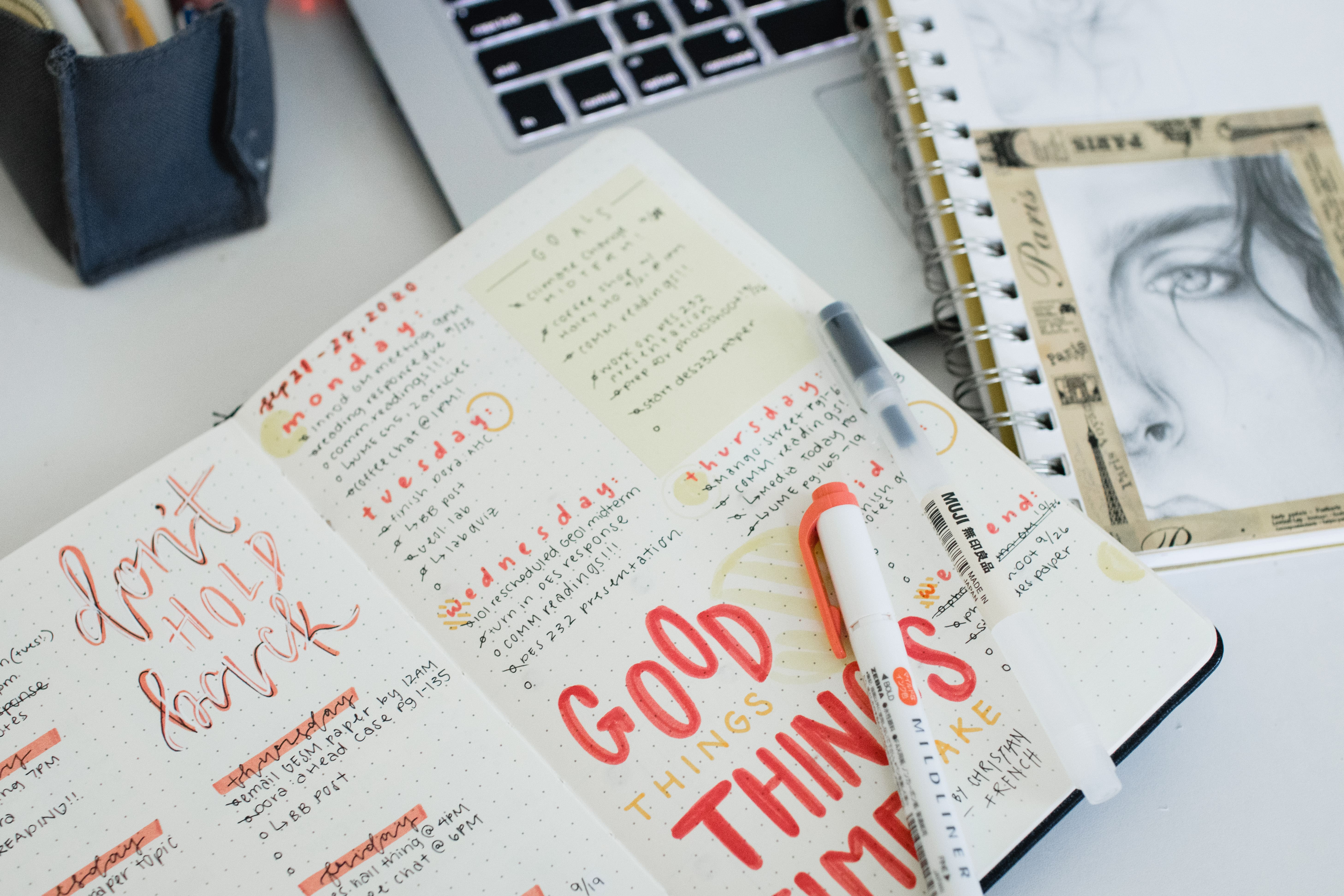 Desk with notebook planner