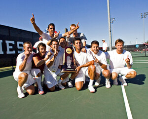 No. 1 · The USC men’s tennis teams celebrates their championship victory. The Trojans had to take down No. 1 Virginia and No. 3 Ohio State. - John Eilts | USC Sports Information 