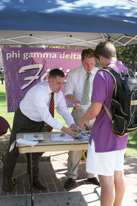 Comeback · Recruiters from Phi Gamma Delta’s national office tell sophomore Collin Rice about the fraternity, which has returned to USC. - Dieuwertje Kast | Daily Trojan