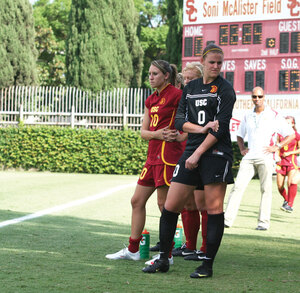 Foul play · Goalie Kristin Olsen disputed the red card ruling. - Carlo Acenas | Daily Trojan