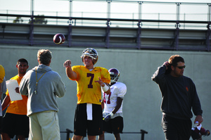 No questions asked · Matt Barkley, who is certain that he will be available to play this week, tossed a ball with Pete Carroll during practice. - Mannat Saini | Daily Trojan