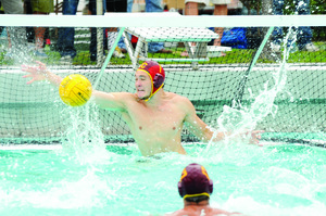 Stingy defense · Sophomore Joel Dennerley, one of three goalies who saw action this weekend, help hold four opponents to 18 goals. - Photo courtesy of USC Sports Information