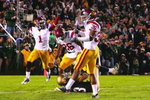 False alarm · USC’s defense celebrates its victory after what it thought was the final play of the game. The officials ruled that there was one second left on the clock, giving Notre Dame another chance, but the Trojans again prevented the Irish from scoring. - Dieuwertje Kast | Daily Trojan