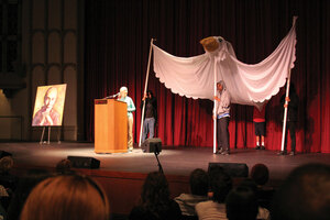 Taking wing · A peace dove with a 20-foot wingspan was displayed on the stage during Jane Goodall’s speech at Bovard Auditorium Tuesday to reinforce her message of nonviolent conflict resolution. Goodall is the recipient of a Gandhi-King Award. - Dieuwertje Kast | Daily Trojan