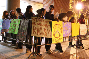 Fighting words · Students for Justice in Palestine and other students held signs in protest outside Seeley G. Mudd on Wednesday. The group was protesting an event sponsored by USC College Republicans, featuring conservative speaker David Horowitz. - Amaresh Sundaram Kuppuswamy | Daily Trojan