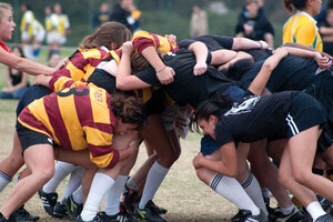 Physical situation · The USC women’s rugby team takes part in a scrum at UC San Diego’s annual Scrum by the Sea. The club is recruiting heavily on campus in preparation for its upcoming second season of action. - Dieuwertje Kast | Daily Trojan