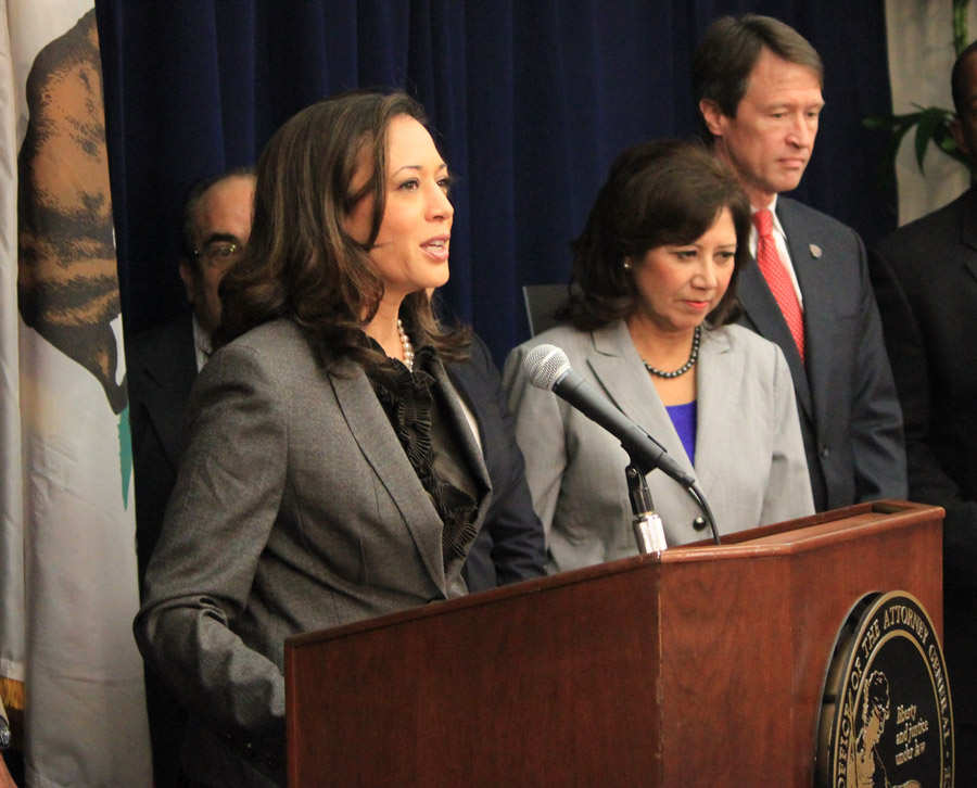 Senator and vice-presidential nominee Kamala Harris addresses a press briefing from her time as California attorney general.