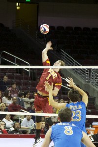 Spiking it ·Junior Tanner Jansen finished with eight kills in USC’s straight-set victory over the top-ranked UC Irvine Anteaters on Jan. 11. He has 13 kills on the season entering Friday’s match against Stanford. - Ralf Cheung | Daily Trojan