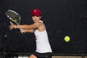 Holding serve · In addition to her doubles win with sophomore Giuliana Olmos, senior Danielle Lao won her finals singles match 6-1, 6-4. - Joseph Chen | Daily Trojan 