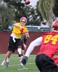 Rapidly improving · Freshman early admit quarterback Max Browne (above) threw two touchdown passes during Thursday’s full-pads practice, including one to junior wide receiver George Farmer (not pictured).  - Austin Vogel | Daily Trojan 