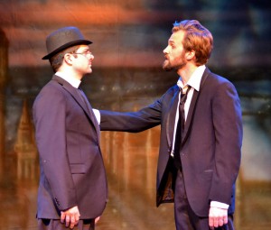 Sleuthing · Blake Walker (left) who plays the detective-priest Father Brown and Brandon Parrish (right) who plays Flambeau, stumble through a story of mystery and intrigue as they try to catch a criminal in Father Brown. - Courtesy of Ellie Roth 