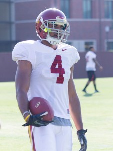 Beat up secondary · Senior cornerback Torin Harris (above) was injured during practice on Thursday attempting to defend a pass. The Trojans are already without injured freshman safety Su’a Cravens. - Joseph Chen | Daily Trojan 