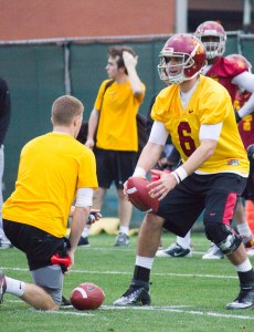 Putting in work · Sophomore quarterback Cody Kessler (above) stayed after practice at Howard Jones Field on Thursday to get some more throws in before Saturday’s scrimmage at the Coliseum.  - Joseph Chen | Daily Trojan 