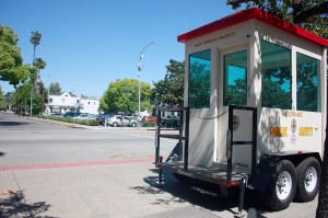 Safety · A Dept. of Public Safety outpost, located on University Avenue near The Row, overlooks an area heavy with student foot traffic. - Lauren Wong | Daily Trojan 