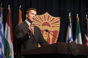 Governator · Former Governor Arnold Schwarzenneger speaks at the Schwarzenegger Institute Inaugural Symposium in September 2012. - Courtesy of Steve Cohn 