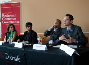 Compromise · Panelists Carrie Lopez (left to right), Shikhar Gupta, Michael Madrid and Giuseppe Robalino discuss the importance of bipartisan compromise on immigration reform Wednesday afternoon in The Forum.  - Ralf Cheung | Daily Trojan 