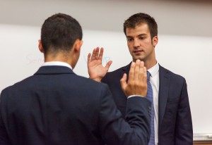 Inauguration · Chief Justice Jimmy Castrellon swears Christian Kurth in as Undergraduate Student Government President Tuesday. - Ralf Cheung | Daily Trojan 