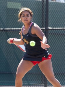 Business as usual · Sophomore Sabrina Santamaria (above) helped USC defeat UCLA with a dominant 6-1, 6-0 victory over No. 3 ranked Robin Anderson. Santamaria also won her doubles match alongside Kaitlyn Christian. - Ralf Cheung | Daily Trojan 