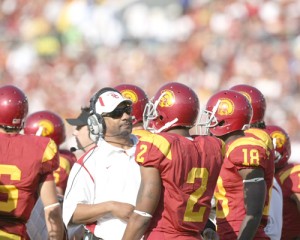 Fighting back · Former running backs coach and special teams coordinator Todd McNair joined the USC coaching staff in 2004. McNair was an ace recruiter for the Trojans up until his contract went unrenewed in 2010. - Photo courtesy of USC Sports Information 