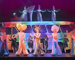 Disco fever · (Center left to right) Tick (Wade McCollum), Bernadette (Scott Willis), Felicia (Bryan West) and company perform the classic hit “I Will Survive” as a testament to their strength after facing fierce homophobia. - Photo courtesy of the Pantages Theatre 