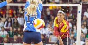 Good first impression · Freshman outside hitter Ebony Nwabenu was a force in her first Pac-12 game, registering a team-high 17 kills, including six in the final set to help clinch the win for the Women of Troy. - Ralf Cheung | Daily Trojan 