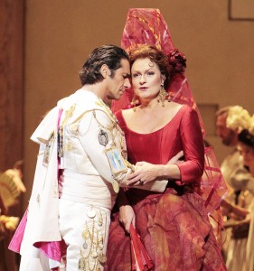Flowery mess · Ildebrand D’Arcangelo (left) plays Escamillo and Patricia Bardon plays Carmen (right) in the Placido Domingo-helmed Carmen. The opera is set beautifully, but the pacing can feel sluggish at times. - Courtesy of Los Angeles Opera 