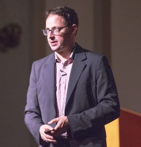 Numbers game · Writer and statistician Nate Silver speaks to students about the process of predicting outcomes on Friday at Bovard Auditorium. - Ralf Cheung | Daily Trojan 