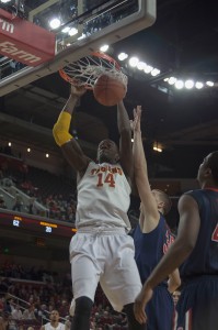 Slam dunk · Former USC center Dewayne Dedmon’s rim-shattering dunks were impressive, but he never developed an intricate post game. - Ralf Cheung | Daily Trojan 