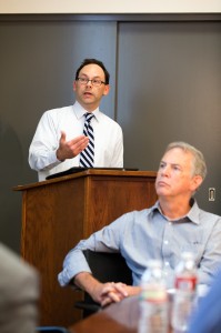 Global view · Richard Wike, associate director of Pew Research Center’s Global Attitudes Project, speaks as Professor Robert Banks looks on. - Ralf Cheung | Daily Trojan 