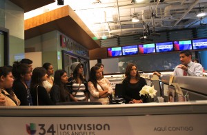 Television tutelage · USC’s National Academic Initiative scholars tour the Univision headquarters and meet with on-air personalities Cecilia Bogran and Alejandro Mendoza of “Primera Edicion.” - Photo courtesy of USC  