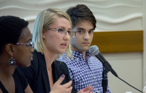 Heated discourse· Students Makiah Green, Kaya Masler and Sam Couch served as members of the opposition in the debate on DPS’s newly enacted policies. The panel consisted of eight students and a moderator. - Nick Entin | Daily Trojan 