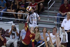 Airborne · Senior outside hitter Sara Shaw played in every set of USC’s tournament victory in the Mortar Board Premier. Shaw walked away with 21 kills and 17 digs in wins over Purdue, Western Kentucky and Alabama A&M. - Daily Trojan file photo 