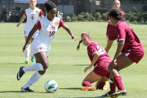 Stumbling · Freshman forward/midfielder Kayla Mills (18) and the rest of the USC attack was unable to break through for a goal against ASU. Mills has a team-leading 11 points on the season for the Women of Troy. - Nick Entin | Daily Trojan 