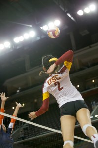 On the attack · Sophomore outside hitter Samantha Bricio notched a team-leading 12 kills in USC’s 3-0 victory over Cal State Fullerton. - Ralf Cheung | Daily Trojan 