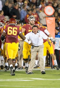 Well done · USC’s offensive line, led by junior center Marcus Martin (66), earned high praise after its strong performance against Arizona. - Ralf Cheung | Daily Trojan 