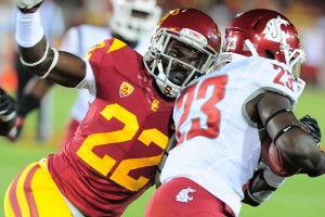 Sparkplug · Freshman safety Leon McQuay III hasn’t played many snaps on defense this year, but he’s been a special teams standout. McQuay is on the team’s kickoff squad and forced a fumble against Washington State. - Courtesy of Dan Avila, USC Athletics 