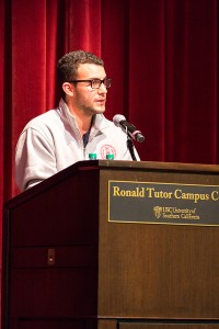 Reflecting · Interfraternity Council President Ofek Lavian speaks about the inevitability of drinking on Tuesday at the Ronald Tutor Campus Center. - Nick Entin | Daily Trojan 