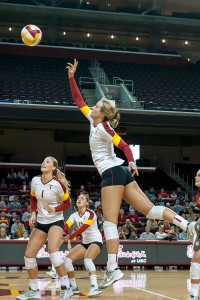 Aiming high · Senior outside hitter Sara Shaw (right) has 201 kills on the season, good for fourth-most on the team. She also has 14 service aces. - William Ehart | Daily Trojan 