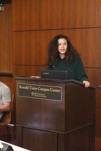 Change · Naomi McPherson, an executive board member for the USC Change Movement, speaks about students’ testy relationship with law enforcement on Wednesday night. - Jessica Zhou | Daily Trojan 