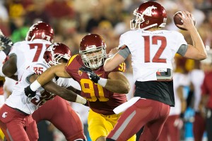 Shut down · Senior defensive end Morgan Breslin has been ruled out for “an extensive period of time,” according to interim head coach Ed Orgeron. - Ralf Cheung | Daily Trojan 