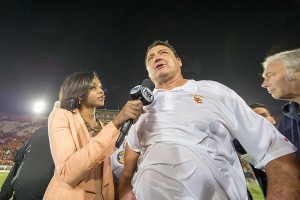 Father figure · USC interim head coach Ed Orgeron has instilled a newfound sense of family in his players, and the team has adopted the motto of “One team, one heartbeat,” for the remainder of the season. - Ralf Cheung | Daily Trojan 