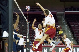 On the attack · Junior middle blocker Robert Feathers and his team will seek to rebound from their loss to CSUN against Cal Baptist tonight at the Galen Center. Feathers has recorded 26 kills so far this season. - Tucker McWhirter | Daily Trojan 