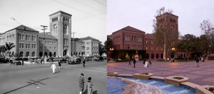 Back to the Future · The modern USC Campus (right) began to take shape after the building of Bovard Auditorium in 1921. The side by side comparison contrasts Hahn Plaza today with its 1921 counterpart, as shown on the left, courtesy of the Los Angeles Public Library.  - Austin Vogel | Daily Trojan 