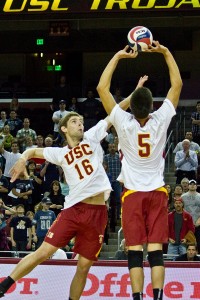 Big spike · Micah Christenson sets up 6-foot-8 outside hitter Robert Feathers for the kill. Feathers amassed 10 kills in Tuesday’s match. - Joseph Chen | Daily Trojan 