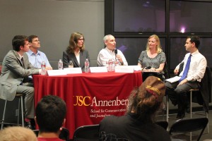 Panelists · (From left to right): Jack Merritt, Bill Simon, Sarah Herald and Dan Schnur speak on a panel co-moderated by Kerstyn Olson and Teddy Davis following President Barack Obama’s State of the Union address. - Kevin Fohrer | Daily Trojan 