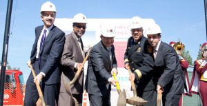 Holes · USC and Los Angeles administrative leaders gather at McAllister Field to participate in the groundbreaking ceremony. - Ralf Cheung | Daily Trojan 